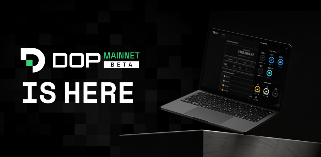 仮想通貨DOP エアドロップやり方のイメージ画像。DOPウォレットを表示したノートPCと「DOP MAINNET IS HERE」の文字。